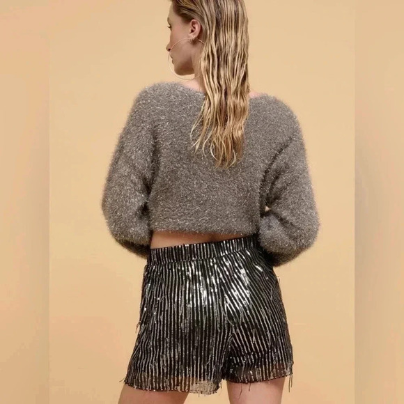 Black Striped Sequin High Waist Shorts - Picture 6 of 6